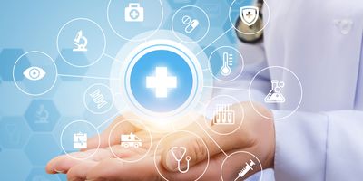 Medical care options in the form of a set of symbols in hands doctor.