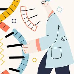 Illustration of two people in lab coats standing and poring over either side of a double-helix strand with the lab personnel on the right grasping at a fragment of the DNA, thus representing the DNA fragmentation process.
