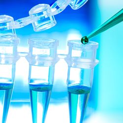 Green and blue liquid in plastic microtubes being filled with a pipette