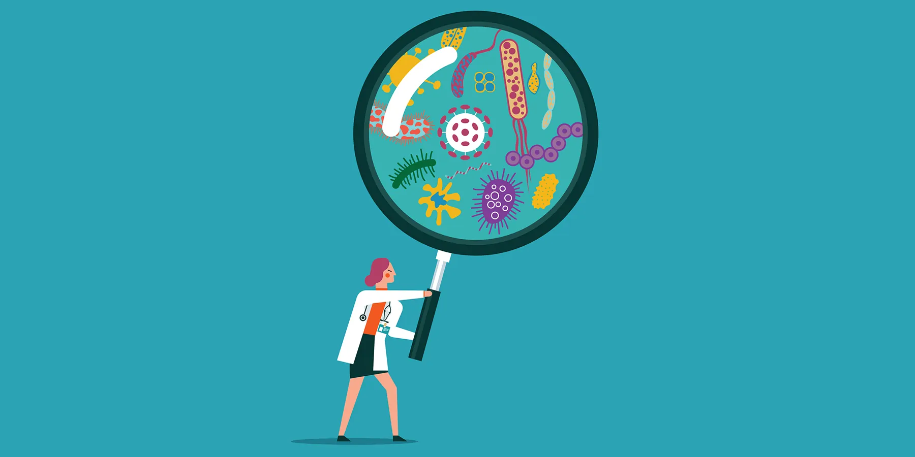 Novel, High-Throughput Method for Screening Protein-Secreting Microbes Magnifying lens illustration with microbes illustration