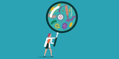 Magnifying lens illustration with microbes illustration