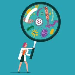 Magnifying lens illustration with microbes illustration