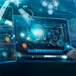 A clinician and robotics diagnose virtual Human Lungs with virus spread inside on futuristic screens using artificial intelligence.