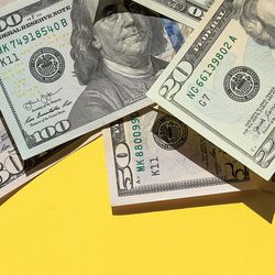 Dollar bills laid on a yellow background