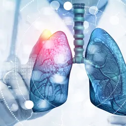 A clinician touching a digital rendering of human lungs on blurred background