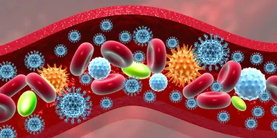 3D illustration of virus in bloodstream.