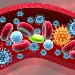 3D illustration of virus in bloodstream.