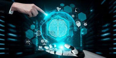 3D rendering showing robot arm holding a human brain and other vectors being touched by a person's pointer.