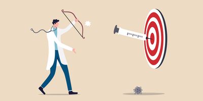 A cartoon researcher (male) in a white lab coat with black hair holding a bow after shooting a cartoon syringe into a bullseye. 