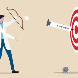 A cartoon researcher (male) in a white lab coat with black hair holding a bow after shooting a cartoon syringe into a bullseye. 