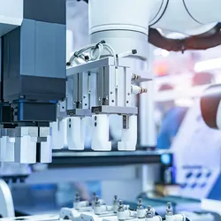 A multi-stage laboratory robot loads equipment in a blue and white themed image of a modern laboratory.