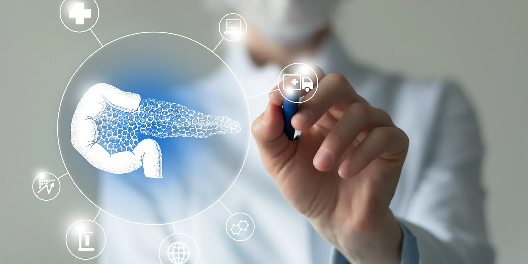 Treatment-Trio Shows Promise in Patients with Pancreatic Cancers Unrecognizable clinician points to a graphic virtual visualization model of Pancreas organ surrounded with multiple virtual medical icons.