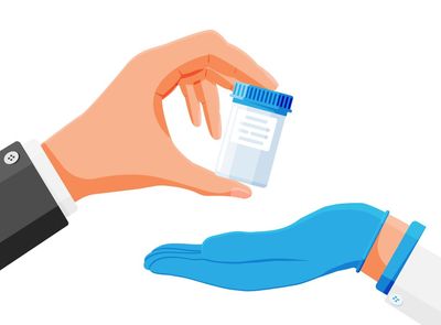 Caucasian hand with black and white long jacket sleeve hands sample container with blue screw-on lid to doctor hand wearing blue lab gloves and a white lab coat.
