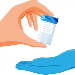 Caucasian hand with black and white long jacket sleeve hands sample container with blue screw-on lid to doctor hand wearing blue lab gloves and a white lab coat.