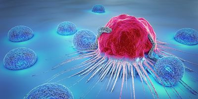 3D illustration of a cancer cell and lymphocytes