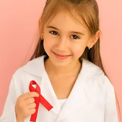A smiling girl with a red ribbon loop in right hand as a symbol of HIV awareness