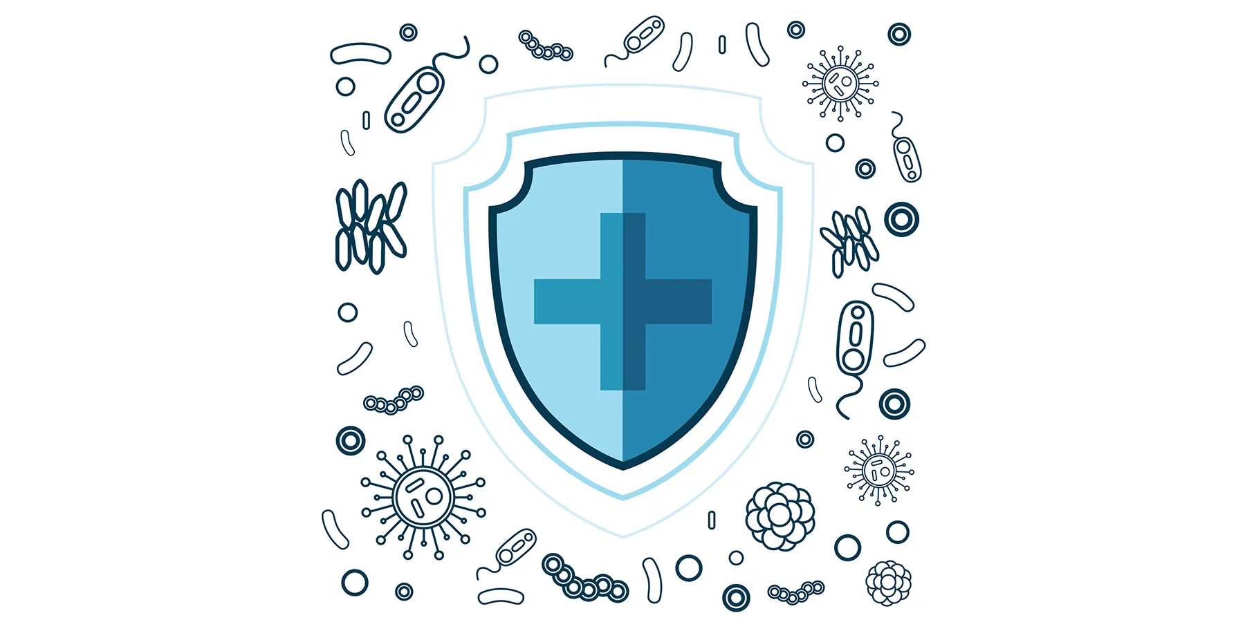 Illustration of a shield with a cross surrounded by viruses and bacteria.