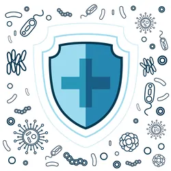 Illustration of a shield with a cross surrounded by viruses and bacteria.
