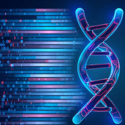 Blue and red DNA strand flying left to right leaving letters and streaks of light behind it.