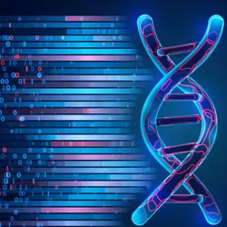 Blue and red DNA strand flying left to right leaving letters and streaks of light behind it.