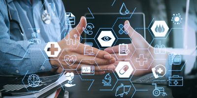 Two people shaking hands in a modern office as health care, medicine, and research vectors appear in the foreground.