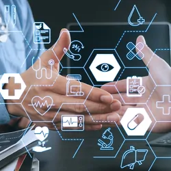 Two people shaking hands in a modern office as health care, medicine, and research vectors appear in the foreground.