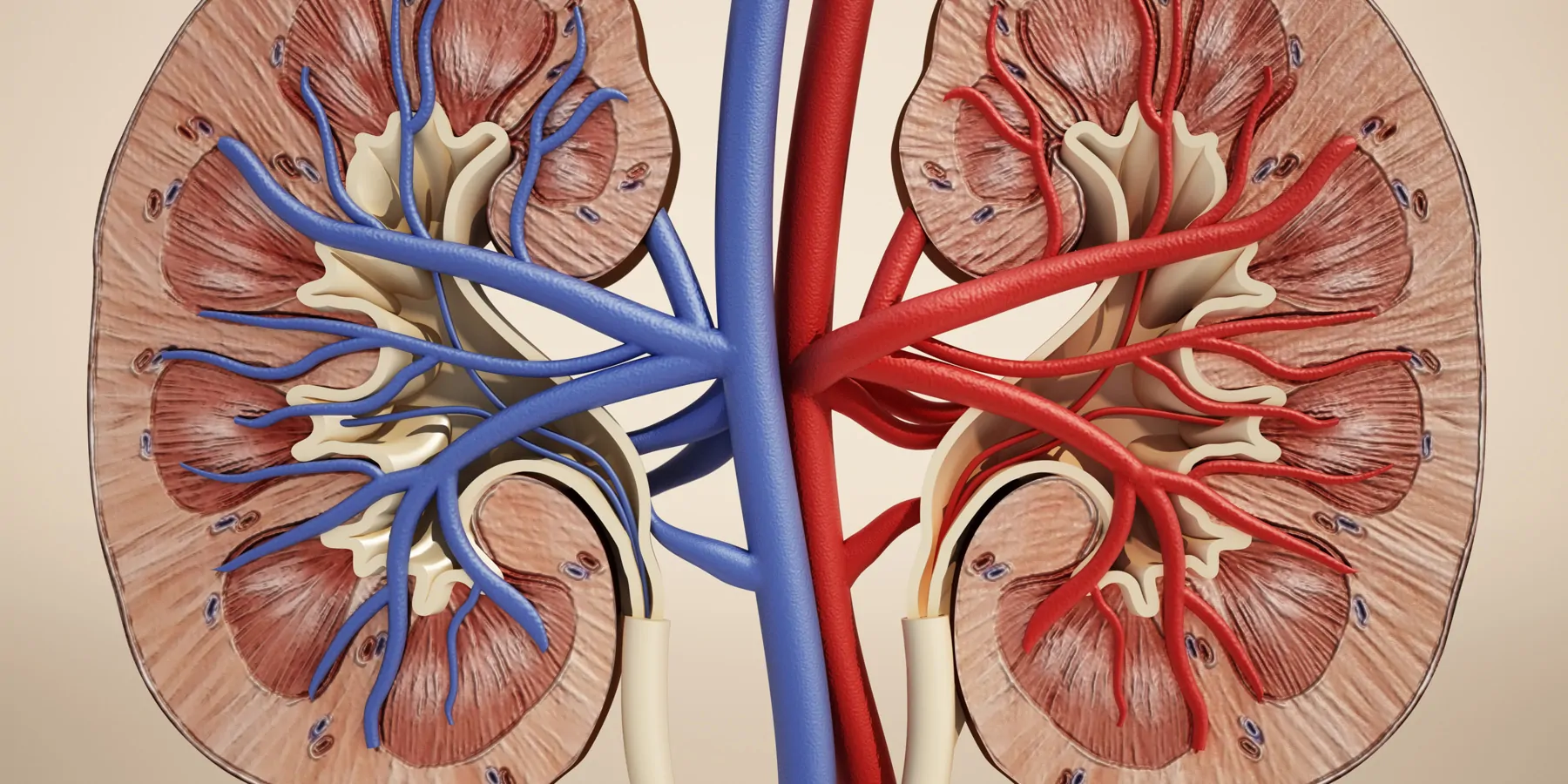 3D illustration showing kidneys' internal structure connected with blood veins.