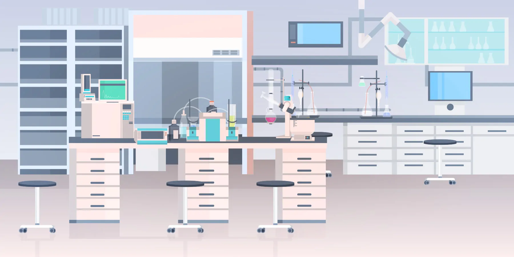 Vector illustration of a modern lab interior with chemical laboratory equipment and furniture. 