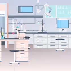 Vector illustration of a modern lab interior with chemical laboratory equipment and furniture. 