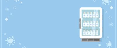 Cartoon blue-tinted image of vaccine vials in fridge.