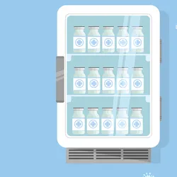 Cartoon blue-tinted image of vaccine vials in fridge. 