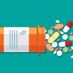 Vector illustration of pills and capsules of various shapes, sizes falling out of a prescription bottle.