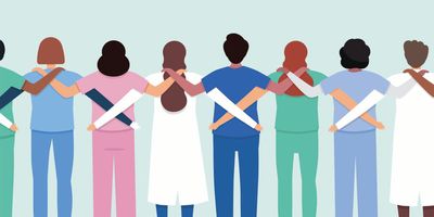 Illustration of medical laboratory staff and clinical patient care staff standing shoulder to shoulder.
