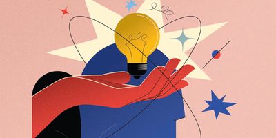 Illustration of a human hand holding a light bulb.