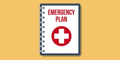 Illustration of a laboratory emergency disaster plan book with a red cross on the front.