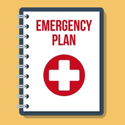 Illustration of a laboratory emergency disaster plan book with a red cross on the front.