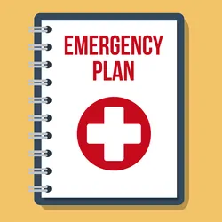 Illustration of a laboratory emergency disaster plan book with a red cross on the front.