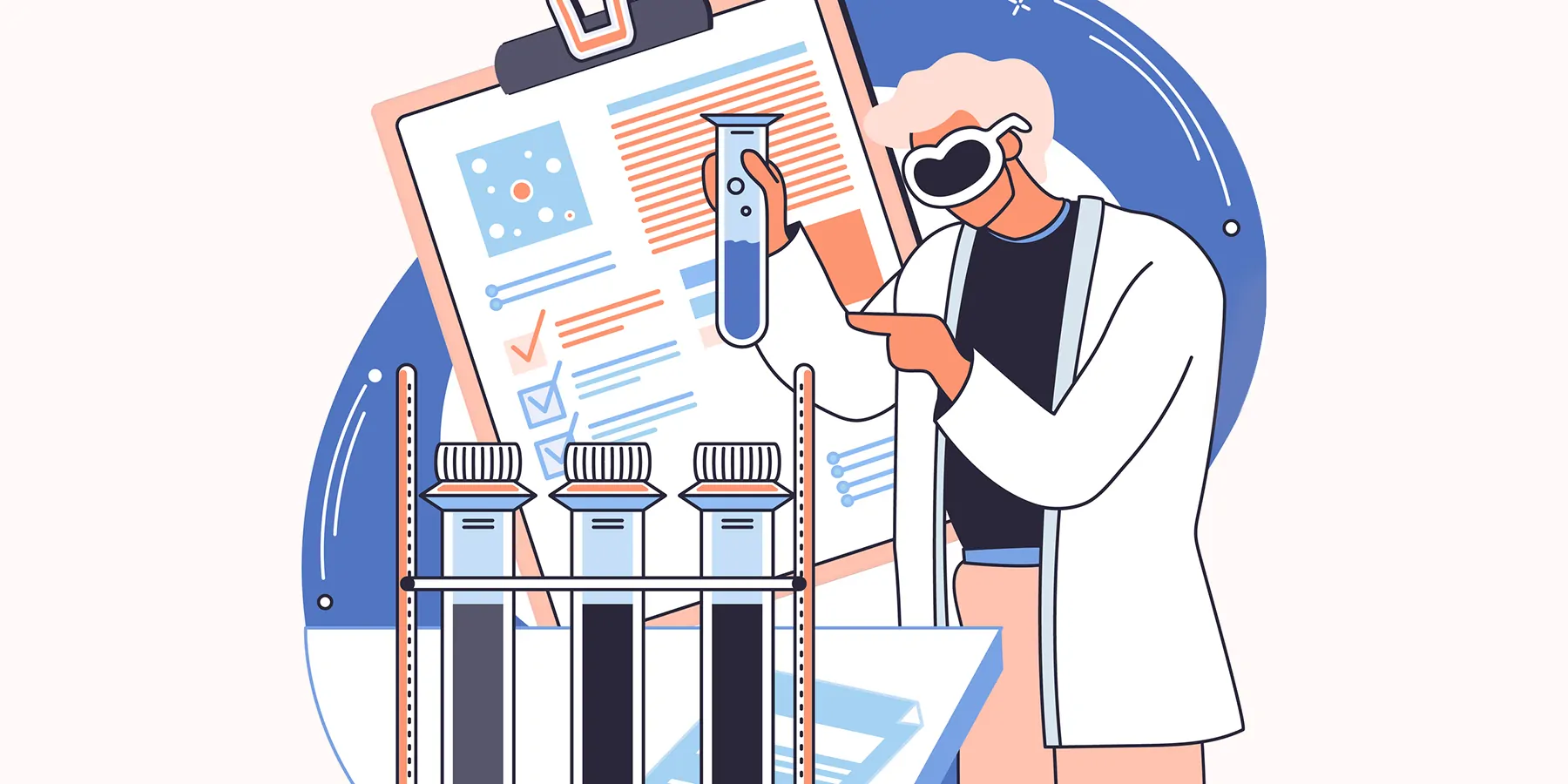 Easing Regulatory Concerns about Linearity Testing in Clinical Chemistry Labs A vector illustration showing health care services, prescriptions, lab equipment, and research.