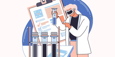 A vector illustration showing health care services, prescriptions, lab equipment, and research.