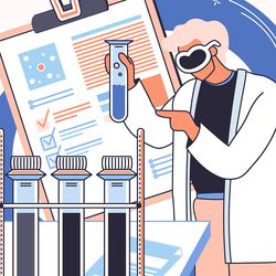 A vector illustration showing health care services, prescriptions, lab equipment, and research.