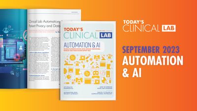 An orange banner with the cover of the September 2023 Automation & AI issue of Today's Clinical Lab.