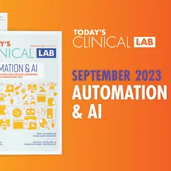 An orange banner with the cover of the September 2023 Automation & AI issue of Today's Clinical Lab.