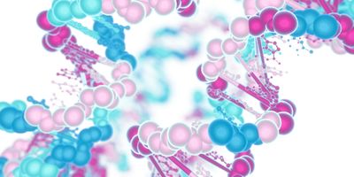 DNA helix with chemical bonds on a white background.