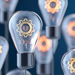 Illustration of lightbulbs with gears inside them representing innovation and new ideas in artificial intelligence and diagnostics.