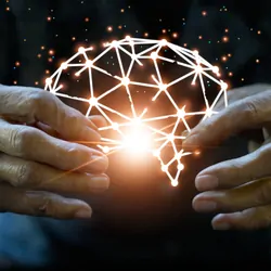 An elderly woman holds a virtual broken and damaged human brain by Alzheimer's disease on a dark background.