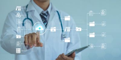 A clinician touches on virtual screens to access electronic databases and documents shown as vectors.