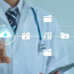 A clinician touches on virtual screens to access electronic databases and documents shown as vectors.