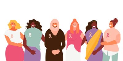 Vector illustration of multiracial women standing together against breast cancer.