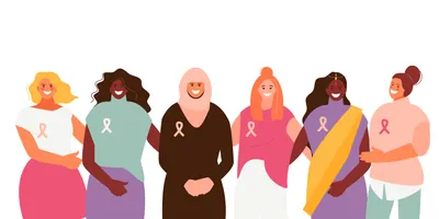 Vector illustration of multiracial women standing together against breast cancer.
