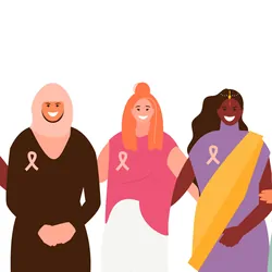 Vector illustration of multiracial women standing together against breast cancer.